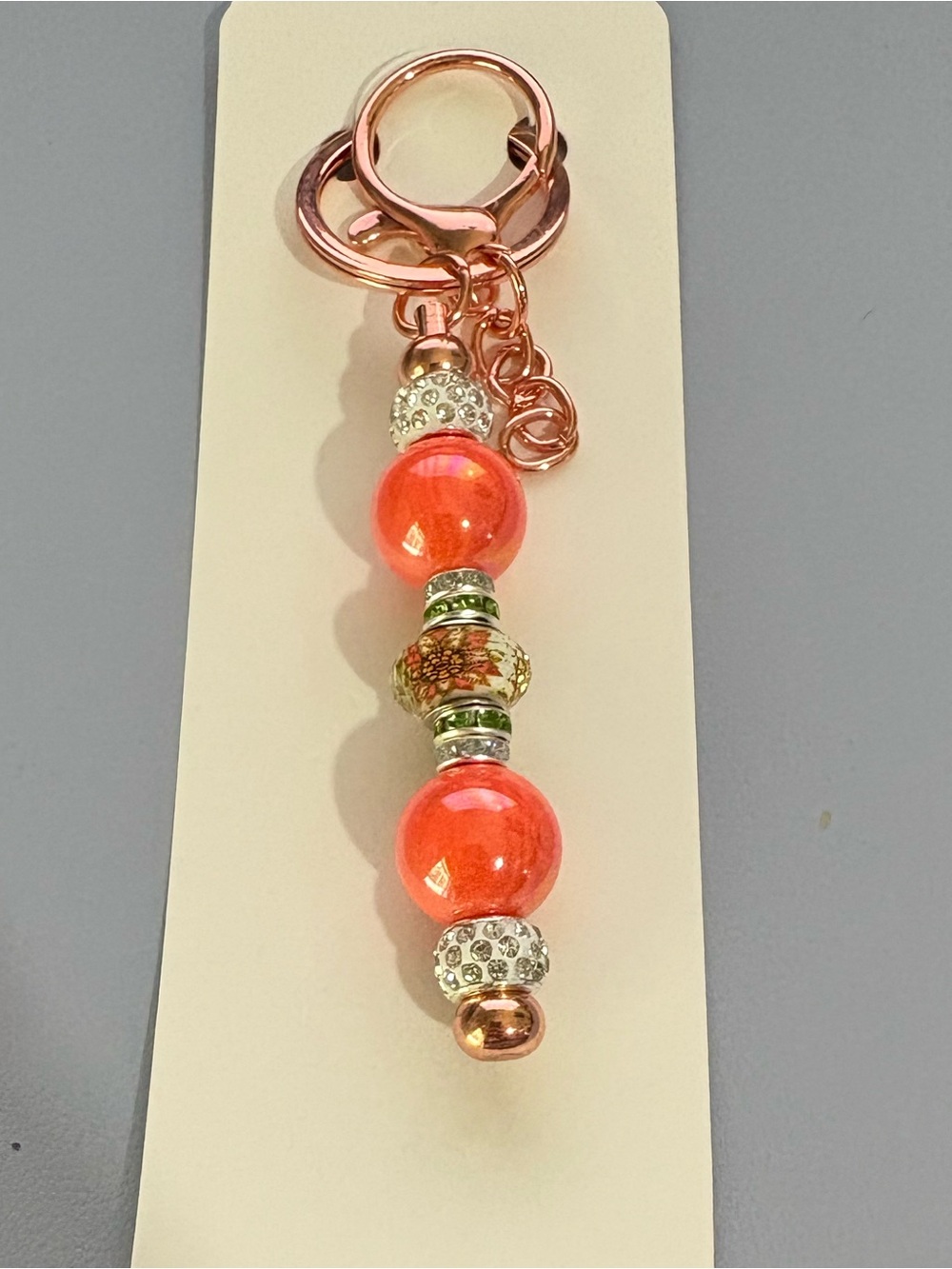 Hand Crafted Orange Bead Drop Keychain Rose Gold Hardware - New